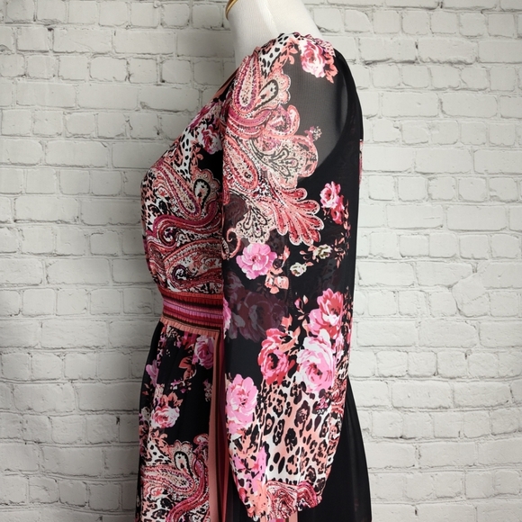 Bisou Bisou Michele Bohbot Dress 8  Pink Coral Black Flower Sheer  3/4 Sleeves - Picture 6 of 11